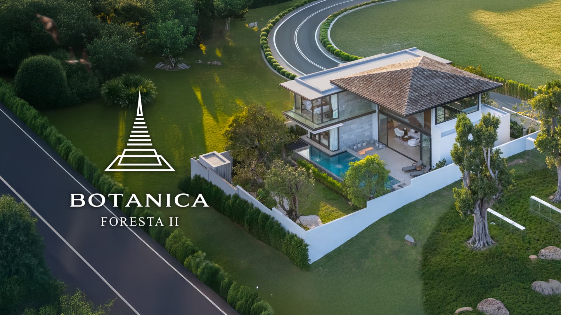 Botanica Foresta II — aerial exterior of the villa and pool with the Botanica Foresta II logo