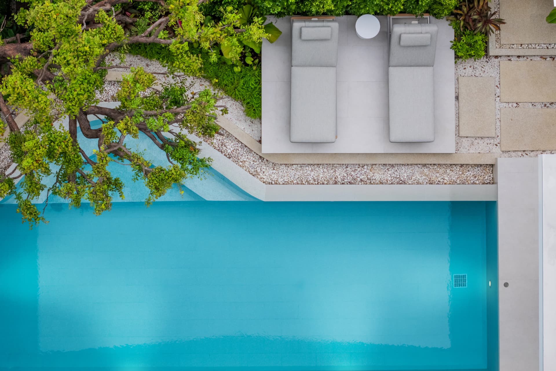 Botanica Louvre — aerial view of the pool and twin sun loungers