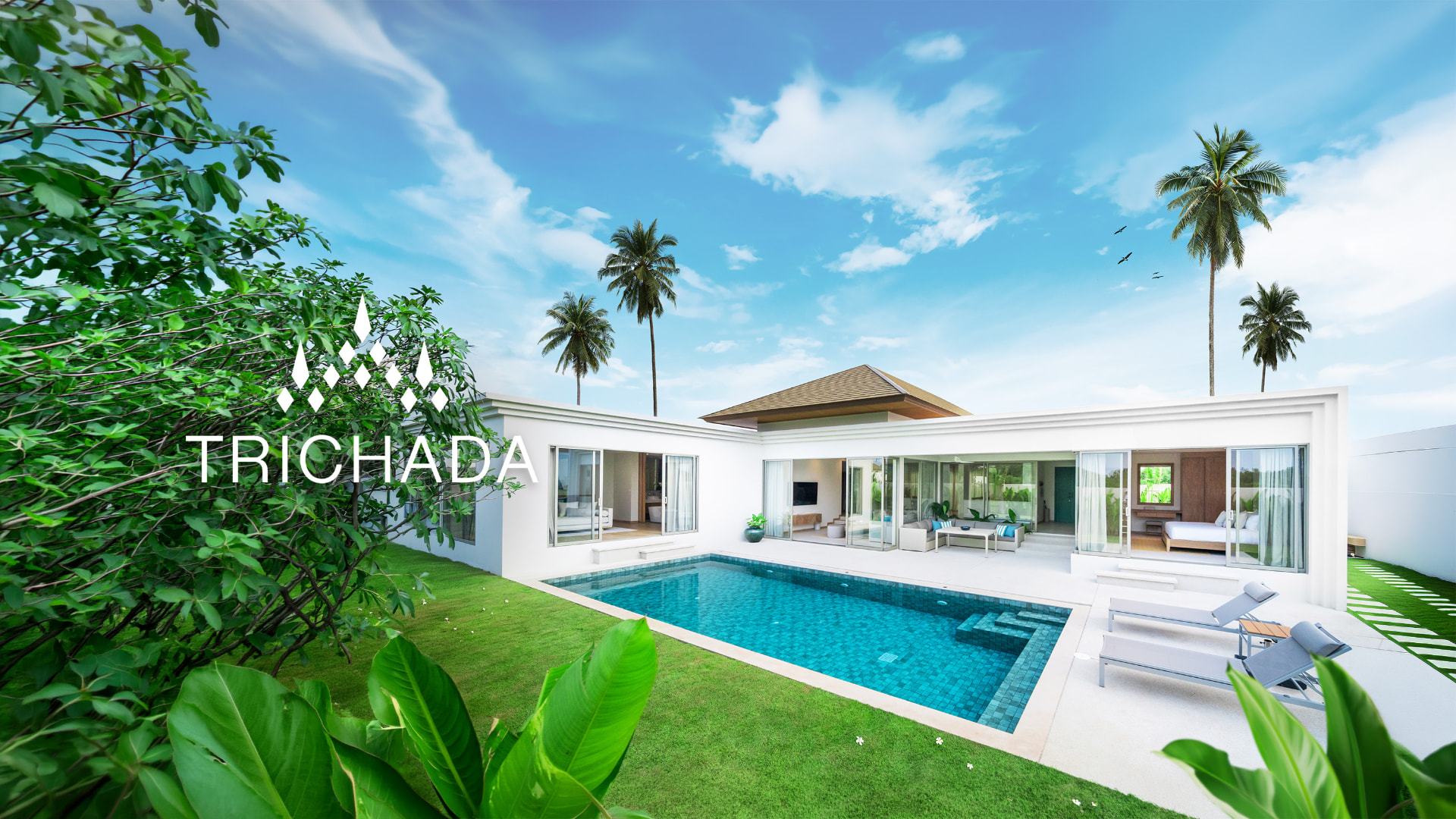 Trichada Villas — white pool villa among palm trees with the Trichada logo