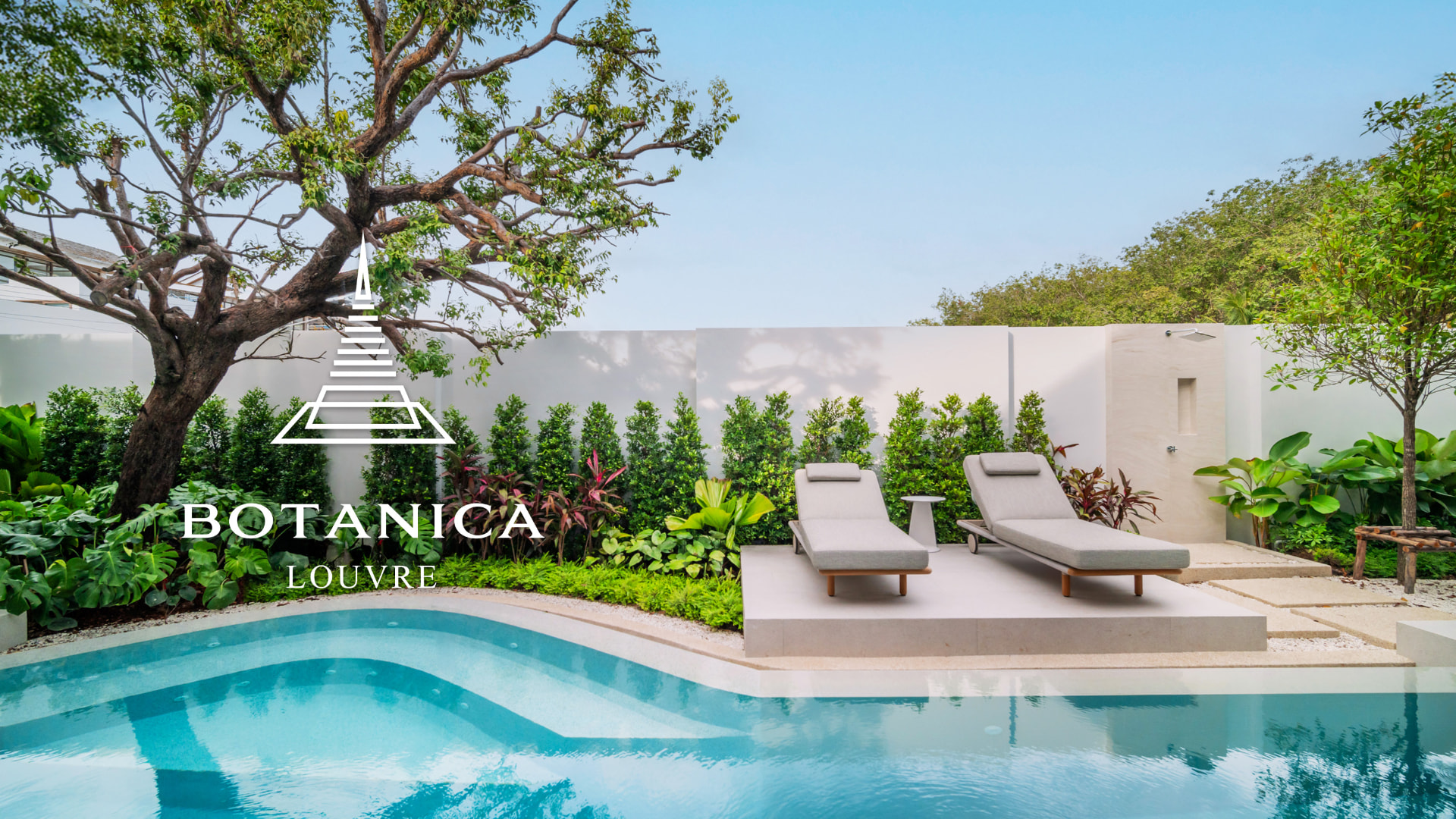 Botanica Louvre — pool garden with sun loungers and the Botanica Louvre logo