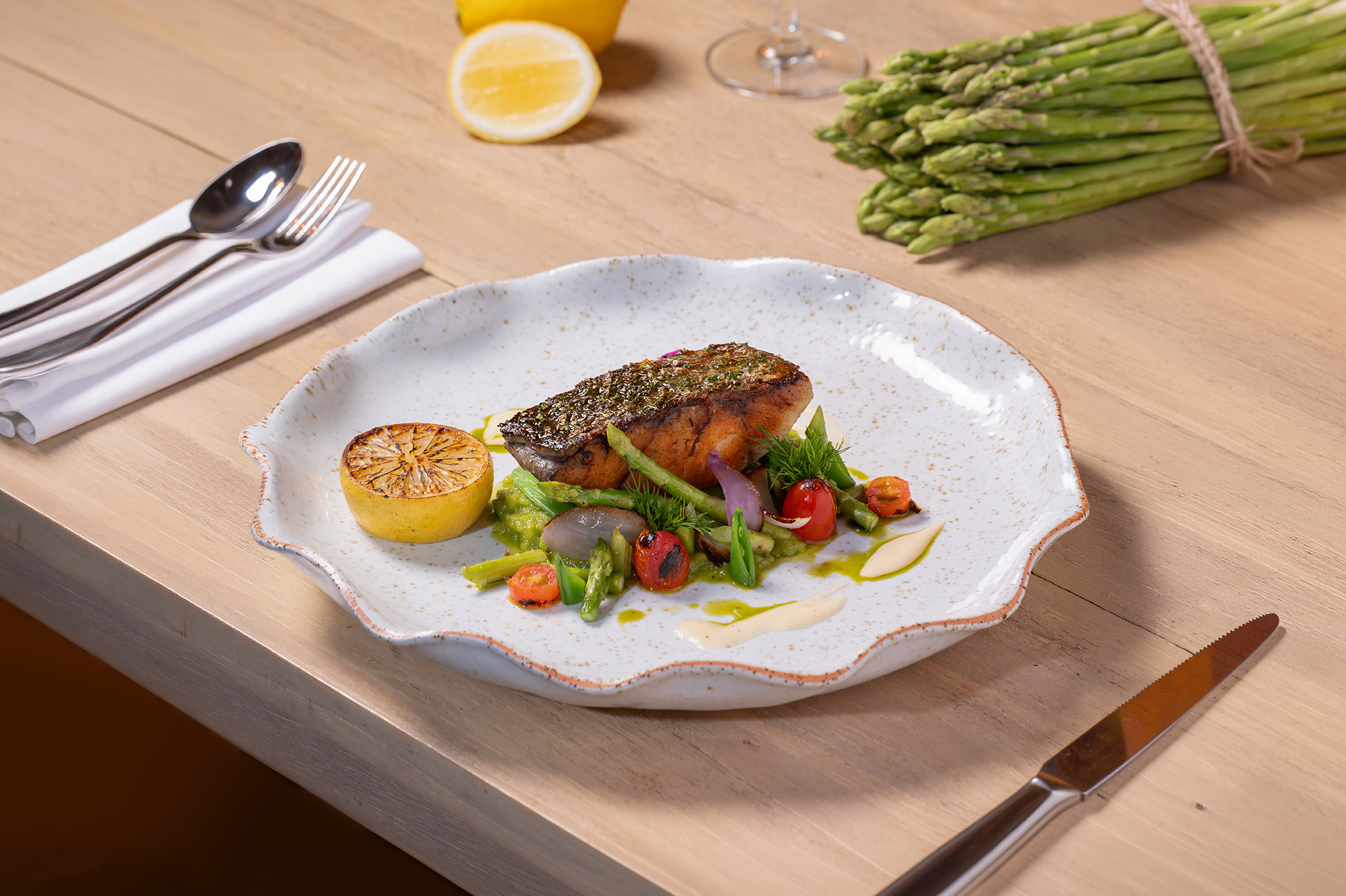 Ocean Rhyme set menu course, styled on the table